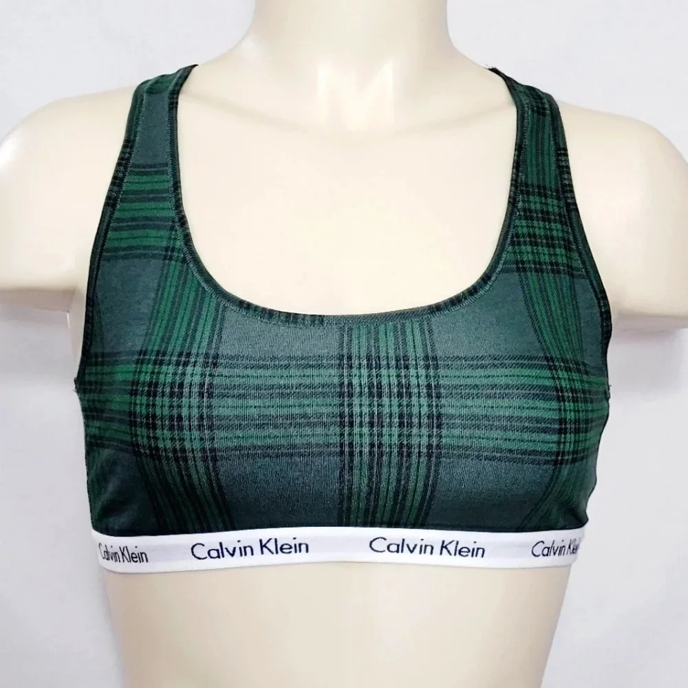 MEDIUM Calvin Klein QP1036 Carousel Logo Wire Free Bralette Green Plaid NWT